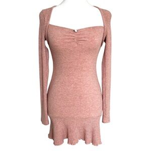 Pink Long Sleeve Floral Ribbed Mini Dress 90s Y2K Fairy Coquette Babydoll M